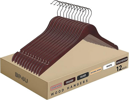Premium Wooden Top Hangers, Heavy Duty Solid Wood Suit Hangers with 360° Swivel Hook & Anti-Slip Notches, Durable Clothes Hangers for Jackets, Coats, Shirts & Dresses(Dark Cherry/12-Pack)