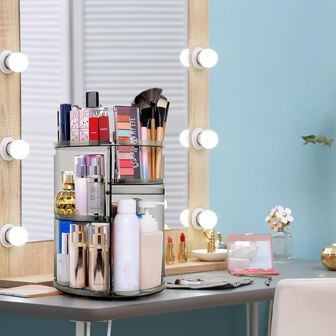 360 Rotating Makeup Organizer, Spinning Skincare Organizer,Cosmetic Display Case with Brush Holder Perfume Tray, Multi-Function Storage Carousel for Vanity Bathroom Countertop