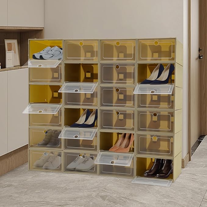 24 Pack Stackable Shoe Boxes with Clear Lids - Foldable Shoe Storage Organizer for Closet Cabinet, Color Options for Sneakers Flats Home Organization (Avocado Green)
