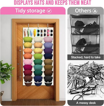 hatisan Hat Organizer Double Layers, Hat Rack for Baseball Caps Sunglasses or Other Accessories 24 Pockets Hat Rack for Wall Door with 3 Hooks and 9 Holders (Beige)