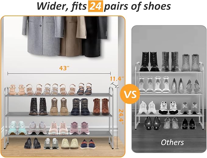 MISSLO Long 3 Tier Shoe Rack for Closet Shoe Organizer Storage Stackable Wide Shoe Shelf Holds 24 Pairs of Men Sneakers, Women Heels, Boots, Grey