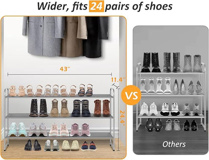 MISSLO Long 3 Tier Shoe Rack for Closet Shoe Organizer Storage Stackable Wide Shoe Shelf Holds 24 Pairs of Men Sneakers, Women Heels, Boots, Grey