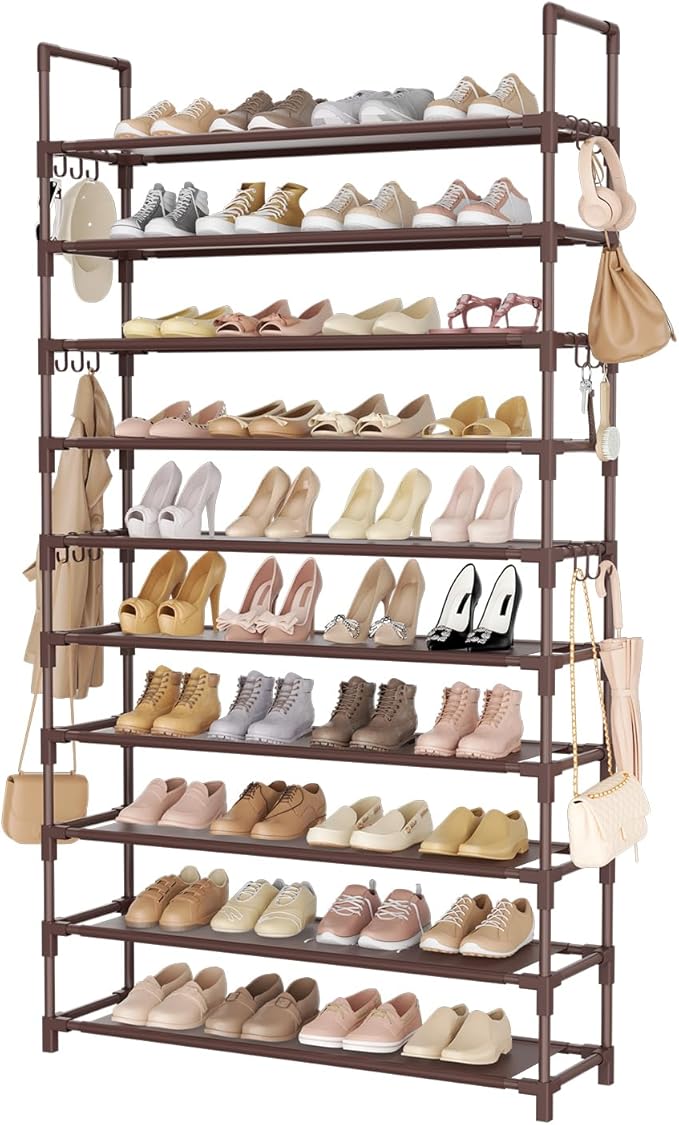 LANTEFUL Tall Shoe Rack 10 Tier Shoe Organizer Large Shoe Shelf with 18 Hooks Storage for 50 Pair Sneaker and Boot, Stackable Vertical Shoe Rack Organizer for Closet, Entryway, Bedroom, Brown