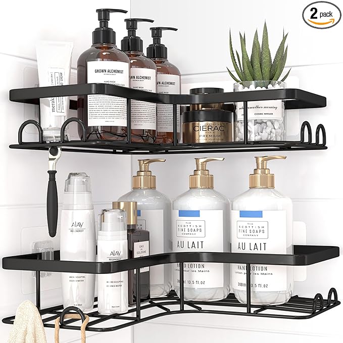 Sakugi Corner Shower Caddy - 2 Pack, Adhesive Shower Organizers, Rustproof Stainless Steel Shower Shelves with 8 Hooks, No Drilling Bathroom Organizers and Storage Racks, Space-Saving, Black, Large