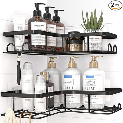 Sakugi Corner Shower Caddy - 2 Pack, Adhesive Shower Organizers, Rustproof Stainless Steel Shower Shelves with 8 Hooks, No Drilling Bathroom Organizers and Storage Racks, Space-Saving, Black, Large