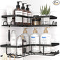 Sakugi Corner Shower Caddy - 2 Pack, Adhesive Shower Organizers, Rustproof Stainless Steel Shower Shelves with 8 Hooks, No Drilling Bathroom Organizers and Storage Racks, Space-Saving, Black, Large