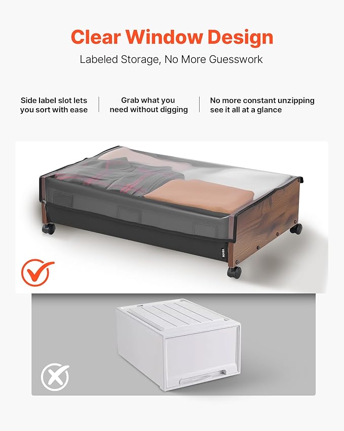 VEVOR Under Bed Storage with Wheels, 36.0 x 18.1 x 7.3 inch, Underbed Containers with Clear Lid, Underbed Shoe Organizer, Rolling Under the Bed Storage Bins for Clothes Shoes Blankets Bedroom, 2 Pack