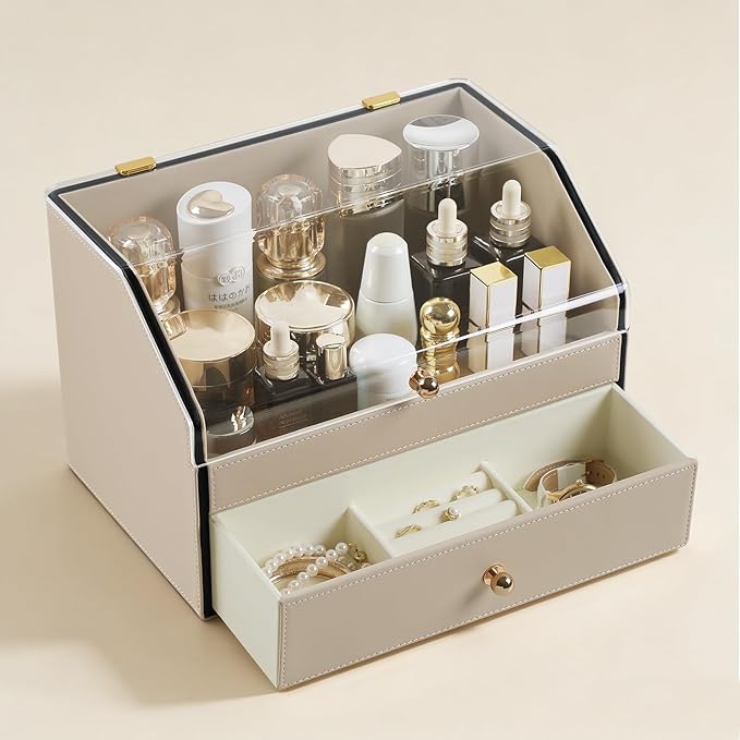 Leather Makeup Organizer & Skincare Storage Rack - Cosmetic Display Case with Dustproof Transparent Cover, Drawer Jewelry Storage, for Bedroom Vanity, Perfume & Lipstick Organizer (Beige)
