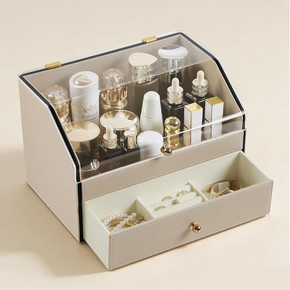 Leather Makeup Organizer & Skincare Storage Rack - Cosmetic Display Case with Dustproof Transparent Cover, Drawer Jewelry Storage, for Bedroom Vanity, Perfume & Lipstick Organizer (Beige)