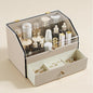 Leather Makeup Organizer & Skincare Storage Rack - Cosmetic Display Case with Dustproof Transparent Cover, Drawer Jewelry Storage, for Bedroom Vanity, Perfume & Lipstick Organizer (Beige)
