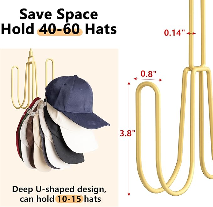 NANATI Hat Hangers for Closet, Stainless Steel Hat Organizer, Hat Racks for Baseball Caps, Cap Organizer for Baseball Caps, Gold, 1Pack