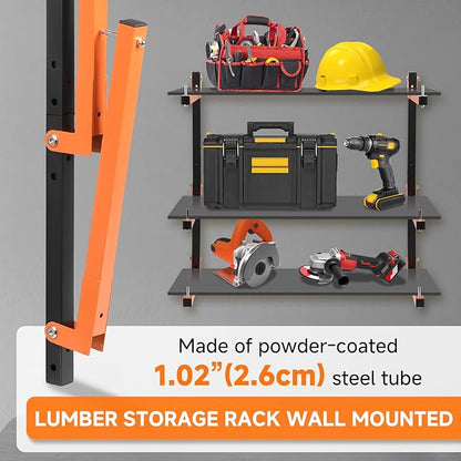 6 Pack Lumber Rack Wall Mount, Heavy Duty Wood Storage Racks, 9-Level System Organizer Shelving, 1080 LBS Capacity Hanging Garage Shelves, Orange Brackets Utility Metal Shelf for Indoor and Outdoor