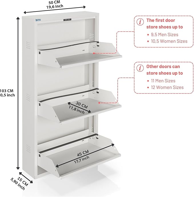 CEHA 3 Tier Metal Shoe Cabinet with Cover, Durable Shoe Storage Organizer for Entryway, Space Saving Shoe Shelf Closet with Side Ventilation Holes, 5.91" x 40.6" x 19.68", White