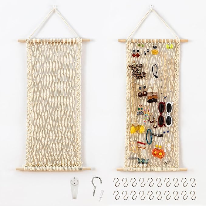 Pretty Jolly Hanging Jewelry Mesh Organizer Macrame Wall Mounted Necklaces Storage Earring Display Rack Girls Hair Clips Hanger with 20 Pieces S Shape Hooks for Bracelets,Necklace and Rings(Yellow)