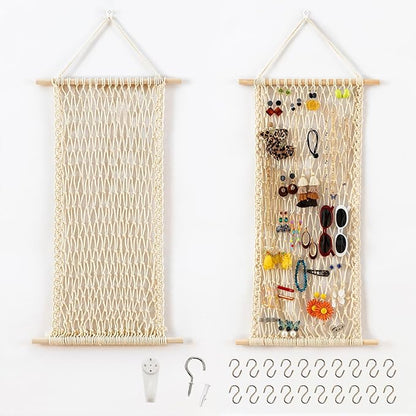 Pretty Jolly Hanging Jewelry Mesh Organizer Macrame Wall Mounted Necklaces Storage Earring Display Rack Girls Hair Clips Hanger with 20 Pieces S Shape Hooks for Bracelets,Necklace and Rings(Yellow)