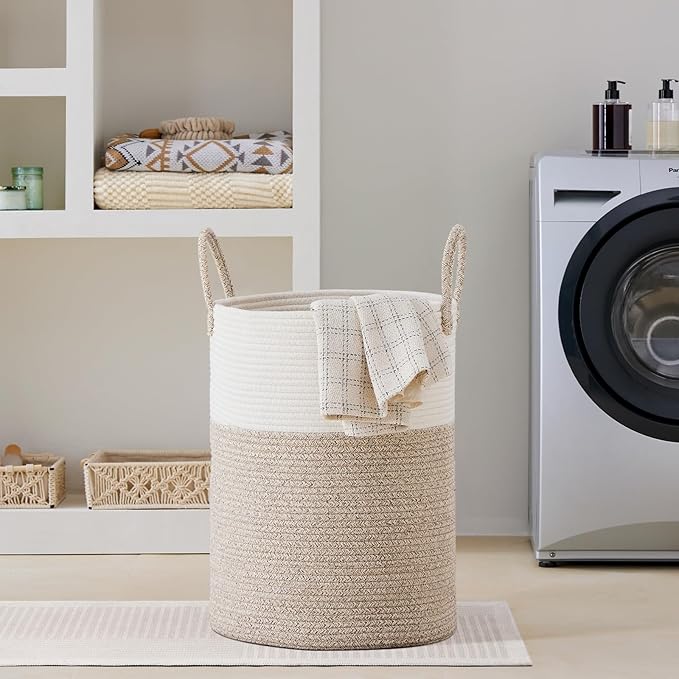 VIPOSCO Large Laundry Hamper, Tall Woven Rope Storage Basket for Blanket, Toys, Dirty Clothes in Living Room, Bathroom, Bedroom - 100L White & Brown