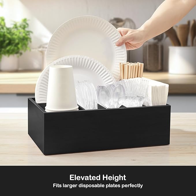 Black Utensil Holder for Party - Wooden Paper Plate and Utensil Caddy for Countertop - Silverware Caddy for Cup Fork Spoon Napkin - Cutlery Organizer for Kitchen Camping Buffet Picnic