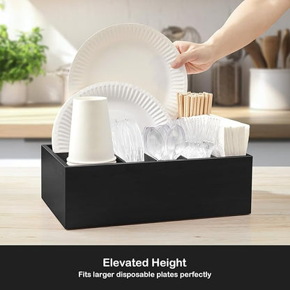 Black Utensil Holder for Party - Wooden Paper Plate and Utensil Caddy for Countertop - Silverware Caddy for Cup Fork Spoon Napkin - Cutlery Organizer for Kitchen Camping Buffet Picnic