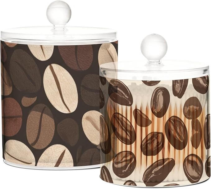 2 Pack Qtip Dispenser Apothecary Jars with Lids Cotton Round Holder Bathroom Canisters for Cotton Swab Floss Ball Pads Clear Plastic Decorative Brown and Beige Coffee Beans