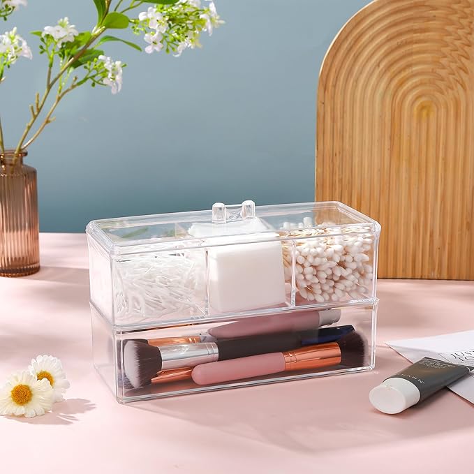 2 Layer Qtip Holder Transparent 3 Compartments Cotton Ball and Swab Holder Organizer with Lid,Jar for Cotton Rounds,Bathroom Containers,Clear Acrylic Desk Organizer for Makeup Pads,Cosmetics Bedroom