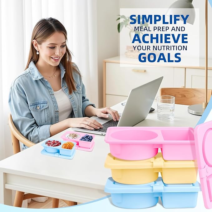 3 Pack Silicone Reusable Snack Containers with Lids, Double Compartment Snackle Box Containers, Salad Dressing Sauce Seasoning Container, Small Mini Food Snack Boxs for Travel, Office, Picnic