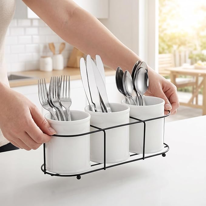 Bekith 3-Piece Ceramic Silverware Caddy with Metal Rack, Utensil Holder Flatware Caddy Cutlery Storage Organizer for Kitchen Table, Cabinet or Pantry