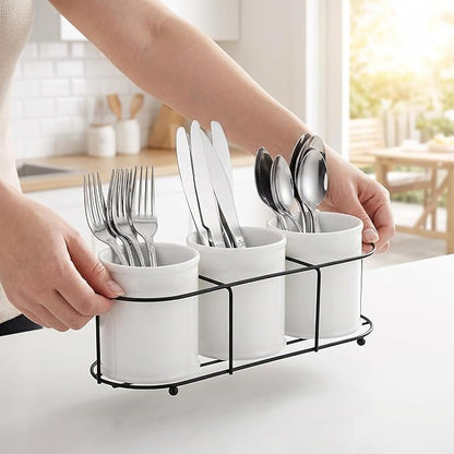 Bekith 3-Piece Ceramic Silverware Caddy with Metal Rack, Utensil Holder Flatware Caddy Cutlery Storage Organizer for Kitchen Table, Cabinet or Pantry