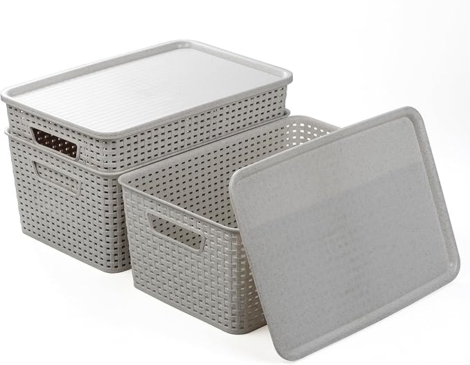 BINO | Plastic Storage Baskets with Lids, 15.5 Liter - 3 Pack, Natural Grey | THE WOVEN COLLECTION | Storage Basket for Shelves | Woven Storage Baskets for Organizing Bins | Pantry Shelf Organizer Bin