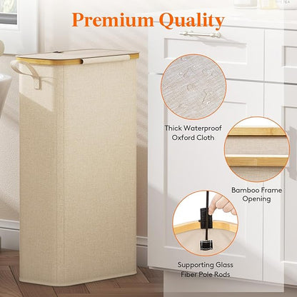 Lifewit 65L Slim Laundry Hamper with Lid, Narrow Laundry Basket with Removable Bag & Bamboo Handles, Fodable Thin Dirty Clothes Hamper for Laundry Collapsible Bin for Bathroom Bedroom Dorm, Beige