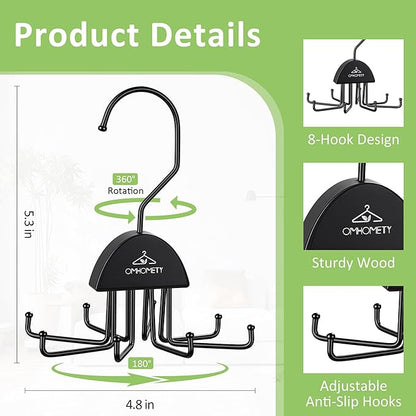 2 Pack Tie Hanger Belt Organizer for Closet, Rotatable Tie Rack with 16 Hooks Max 24 Belts & 16 Ties Storage Capacity, Space Saving Hanging Belt Holder for Closet Organizer, Black
