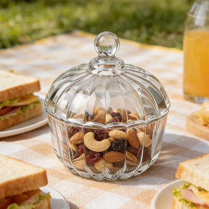 Clear Glass Jar with Lid - Pumpkin Glass Sugar Bowl with Lid for Coffee Station Sugar Cube Holder, Bathroom Qtip & Cotton Ball Organizer, Kitchen Storage & Home Decor Candy Jar