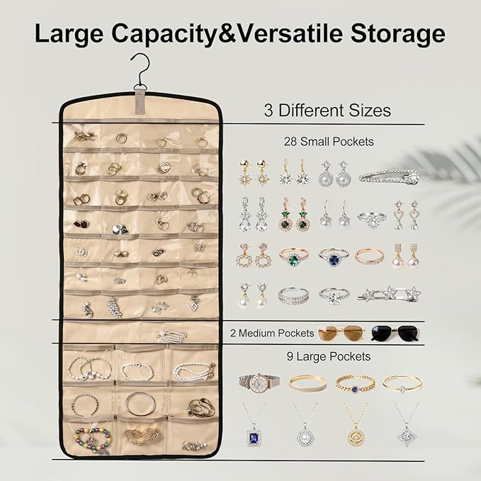 Hanging Jewelry Organizer Storage Roll with 39 Clear Pockets Double-Sided Foldable, Necklace Organizer Tangle Free, Travel Jewelry Holder for Earrings, Rings, Bracelets, Hanging on Closet, Wall, Door