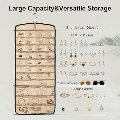 Hanging Jewelry Organizer Storage Roll with 39 Clear Pockets Double-Sided Foldable, Necklace Organizer Tangle Free, Travel Jewelry Holder for Earrings, Rings, Bracelets, Hanging on Closet, Wall, Door