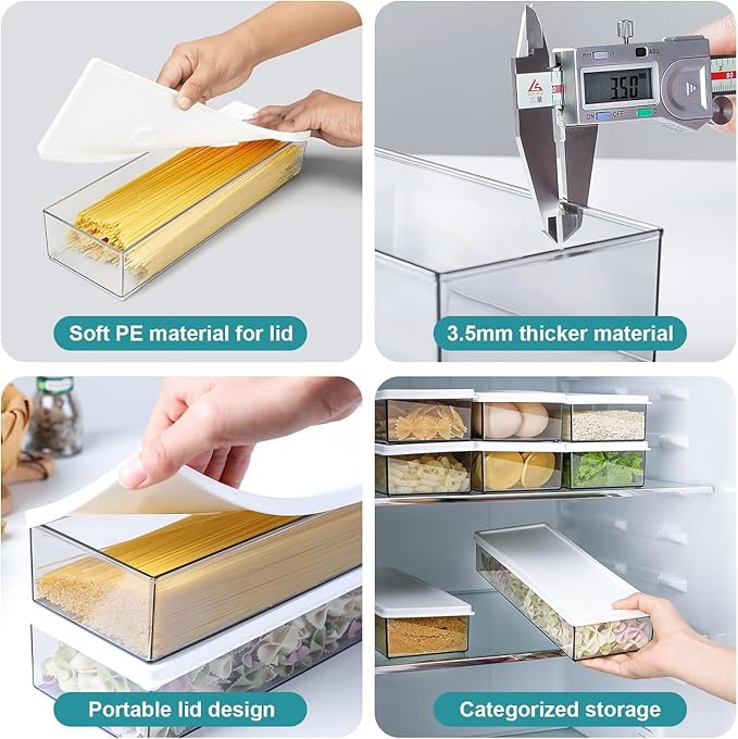 2 Pack Airtight Pasta Containers with Lid, 1.1L Spaghetti Noodle Food Storage Box, Clear Rectangular Cereal Canister for Kitchen Pantry, Plastic Stackable Food Organizer for Fridge