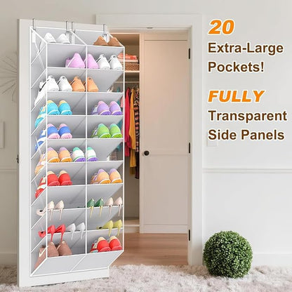TAKE FIRE Over the Door Shoe Organizer: 10-Tier Clear Pocket Storage for Sneakers, Boots & Heels (20-30 Pairs, Black)