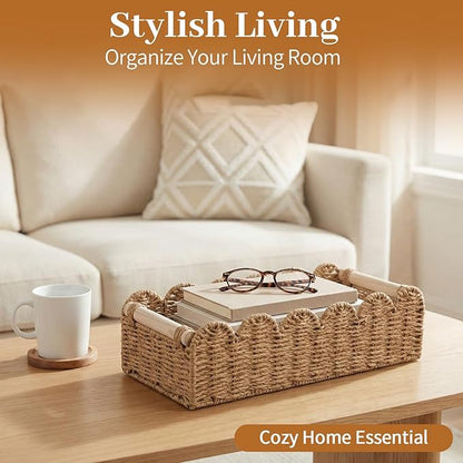 2pcs Scalloped Decor Basket,Toilet Paper Storage Basket with Handles,Toilet Basket for Organizing Over Toilet Storage Shelf Countertop Living Room Bedroom Home Decor（14"×6.3"×4"）