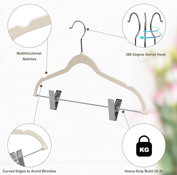 80 Pack Ivory Quality Plastic Non Velvet Non-Flocked Thin Compact Coat Hangers with Metal Clips for Skirts Pants Blouses 360° Swivel Hook