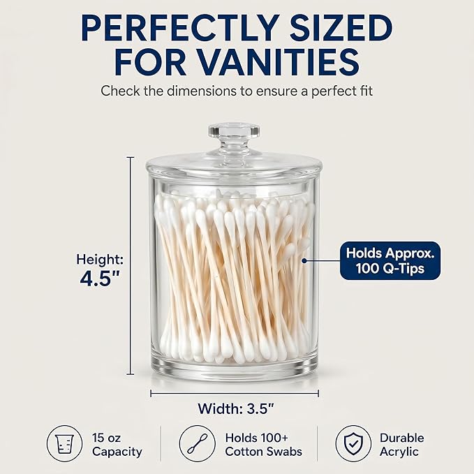 ForPro Clear Acrylic Apothecary Jars with Lids, Set of 2 Shatterproof Qtip Holder & Cotton Ball Container, 15 Oz Bathroom Vanity Organizer Canister for Kitchen & Office Decor, 4.5" x 3.5"