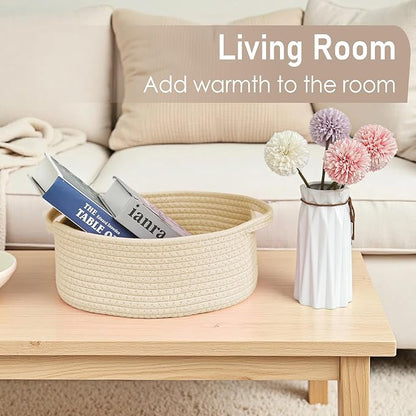 JMvicyroam Woven Basket,Small Rope Storage Bin with Handles & Ribbon Bag, Organizer for Shelves Closets,Gift Basket Empty for Birthday,Books,Dog Toys,Beige