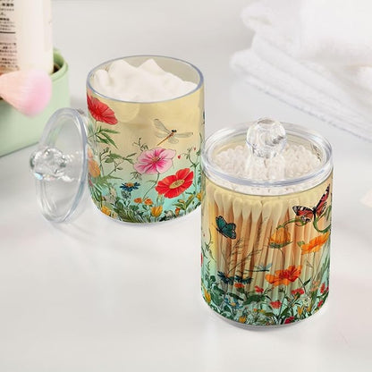 4 Pack Qtip Holder Dispenser Dragonfly Butterfly Tulip Flower Cotton Ball Swab Round Pads Floss Clear Bathroom Storage Containers Plastic Apothecary Jars with Lids