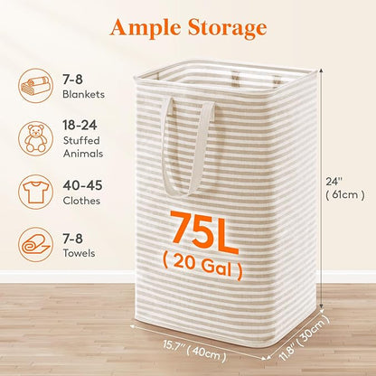Lifewit 75L Large Collapsible Laundry Hamper, Tall Foldable Dirty Clothes Baskets Waterproof, Freestanding Design with Easy Carry Handles in Dorm Bedroom Bathroom College, Beige