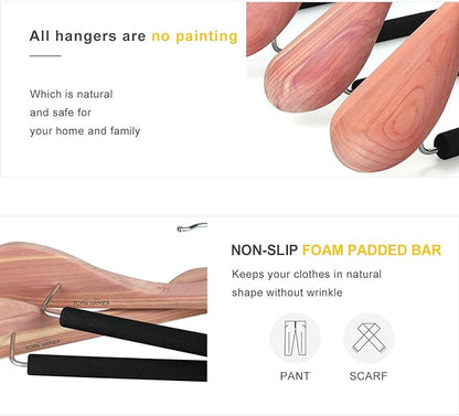 TOPIA HANGER Unfinished American Red Cedar Wood Coat Suit Hangers, Luxury Wooden Jacket Clothes Hangers, Wide Shoulder with Black Padded Pant Bar- 360°Flexible Hook, 4 Pack- Natural- CT07W