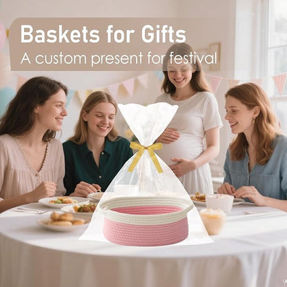 JMvicyroam Woven Basket,Small Rope Storage Bin with Handles & Ribbon Bag, Organizer for Shelves Closets,Gift Basket Empty for Birthday,Books,Dog Toys, White&Pink/2 Pack