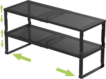 Jojocross Expandable Adjustable Stackable Kitchen Organizer, Spice Rack,Metal Pantry Storage Shelves Racks,Counter Shelf for Cabinets, Countertop, Cupboard(2 Packs/Medium/Black)