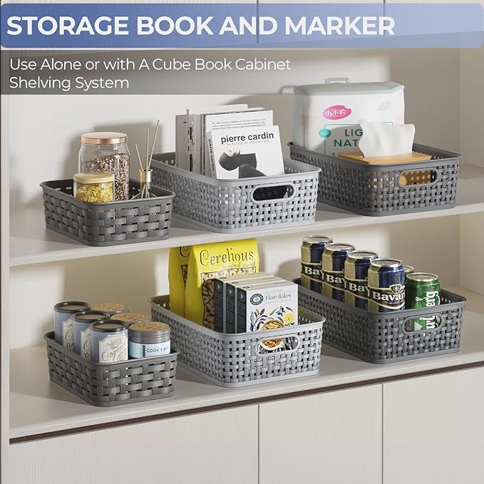 3 Pack Small Plastic Basket, Storage Bin Baskets for Organizing, Pantry Organizer Household Wicker Storage for Laundry Room, Bedrooms, Kitchens, Cabinets, Countertops, Dark Gray