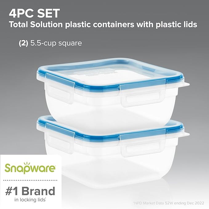 Snapware Plastic Total Solution 2-Pack (5.5-Cup) Food Storage Containers Set, Leakproof & Airtight Plastic Locking Lids Square Containers, Non-Toxic BPA-Free Lids, Microwave Dishwasher Freezer Safe