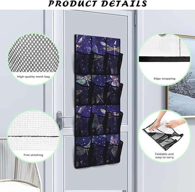 Glowing Dragonfly Over Door Hanging Organizer, 12 Glow-in-the-Dark Mesh Pockets for Night Visibility, Perfect for Dorm Room & Apartment Bathroom Storage
