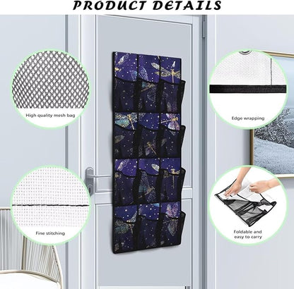 Glowing Dragonfly Over Door Hanging Organizer, 12 Glow-in-the-Dark Mesh Pockets for Night Visibility, Perfect for Dorm Room & Apartment Bathroom Storage