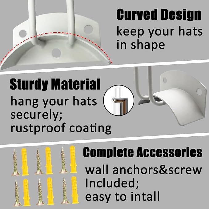 2 Pack White Iron Hat Hooks for Wall, Vintage Style Adhesive Hat Rack, Anti-Rust Coated Cap Organizer for Baseball Hats, Decorative Storage for Farmhouse, Bedroom, Closet & Entryway