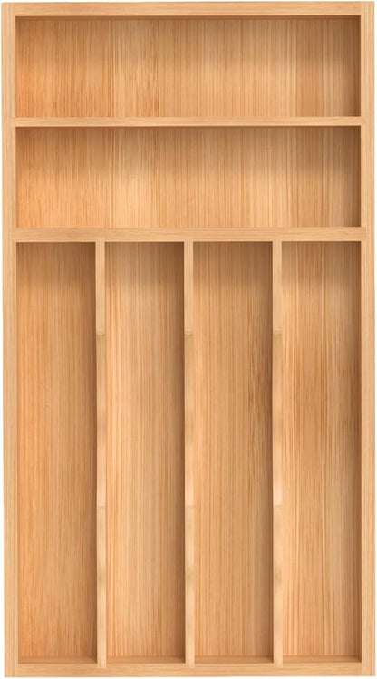 Silverware Organizer, Bamboo Kitchen Drawer Organizer, Utensil Holder, Cutlery Tray & Spoon Flatware Storage with Grooved Drawer Dividers (8.5''W x 15.5''D)